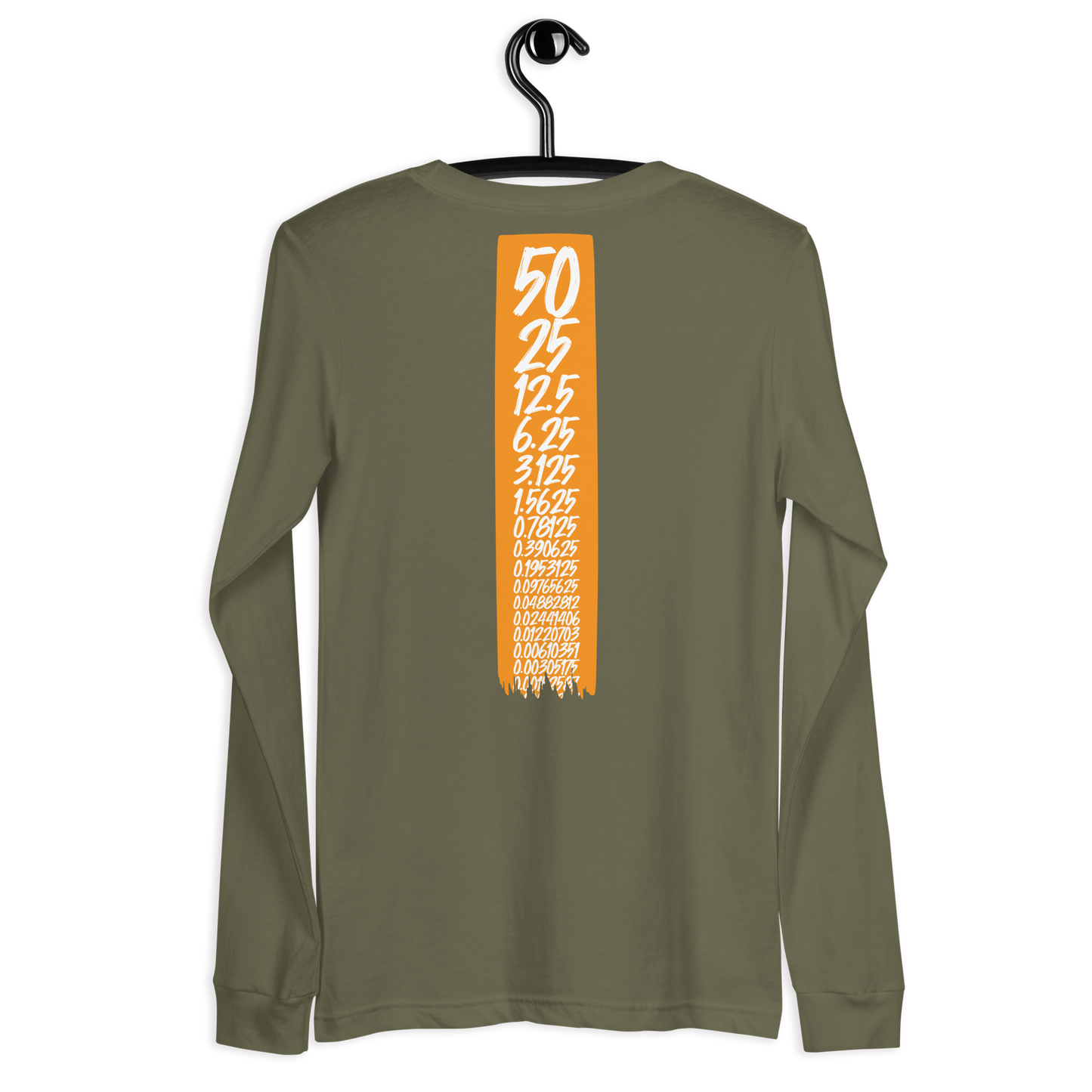 Back view of a military green colored bitcoin long sleeve tee.