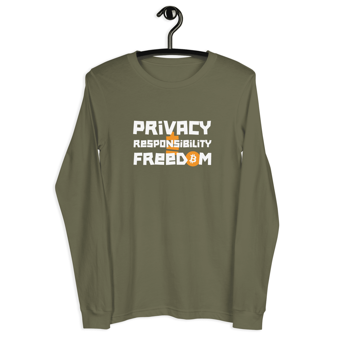 Front view of a military green colored bitcoin long sleeve tee.