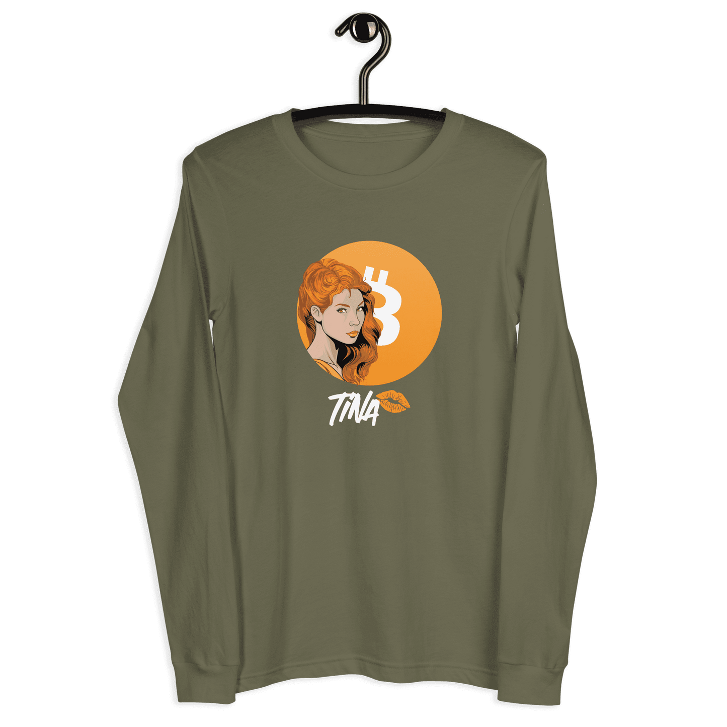 Front view of a military green colored bitcoin long sleeve tee.