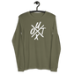 Front view of a military green colored bitcoin long sleeve tee.