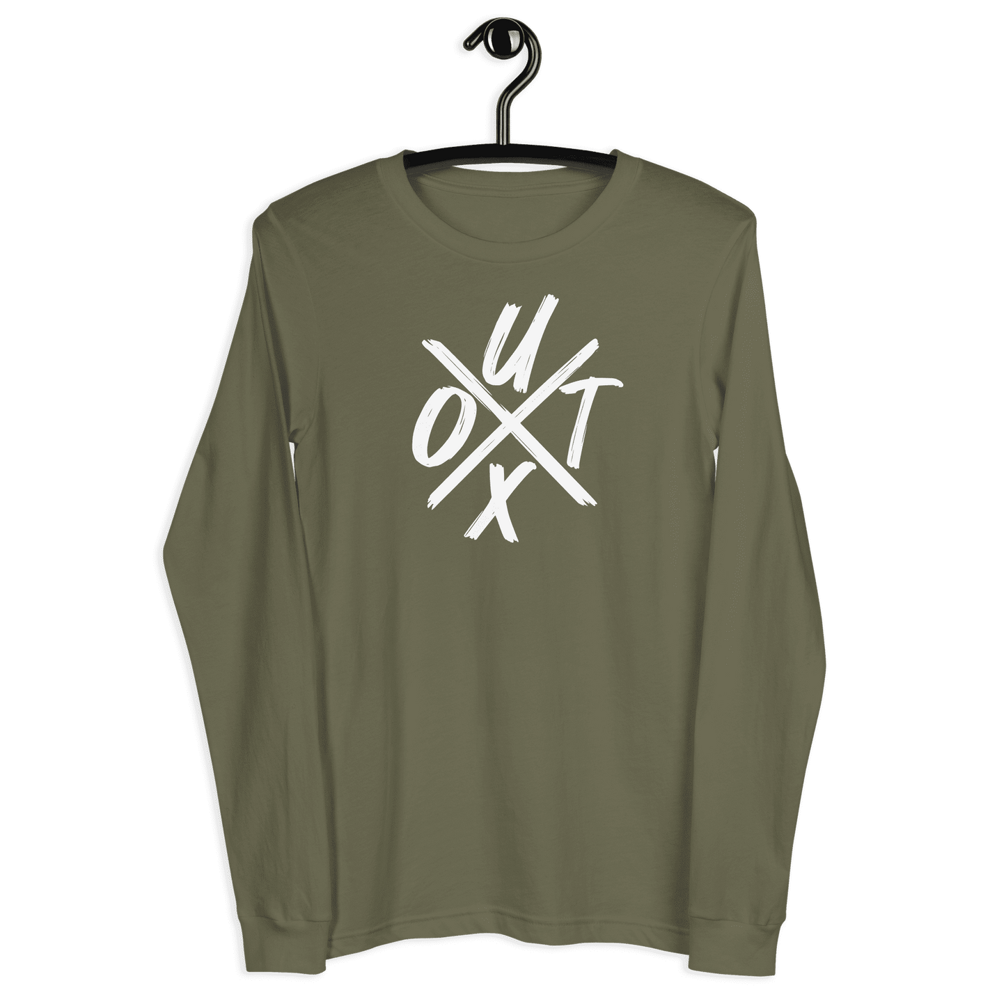 Front view of a military green colored bitcoin long sleeve tee.