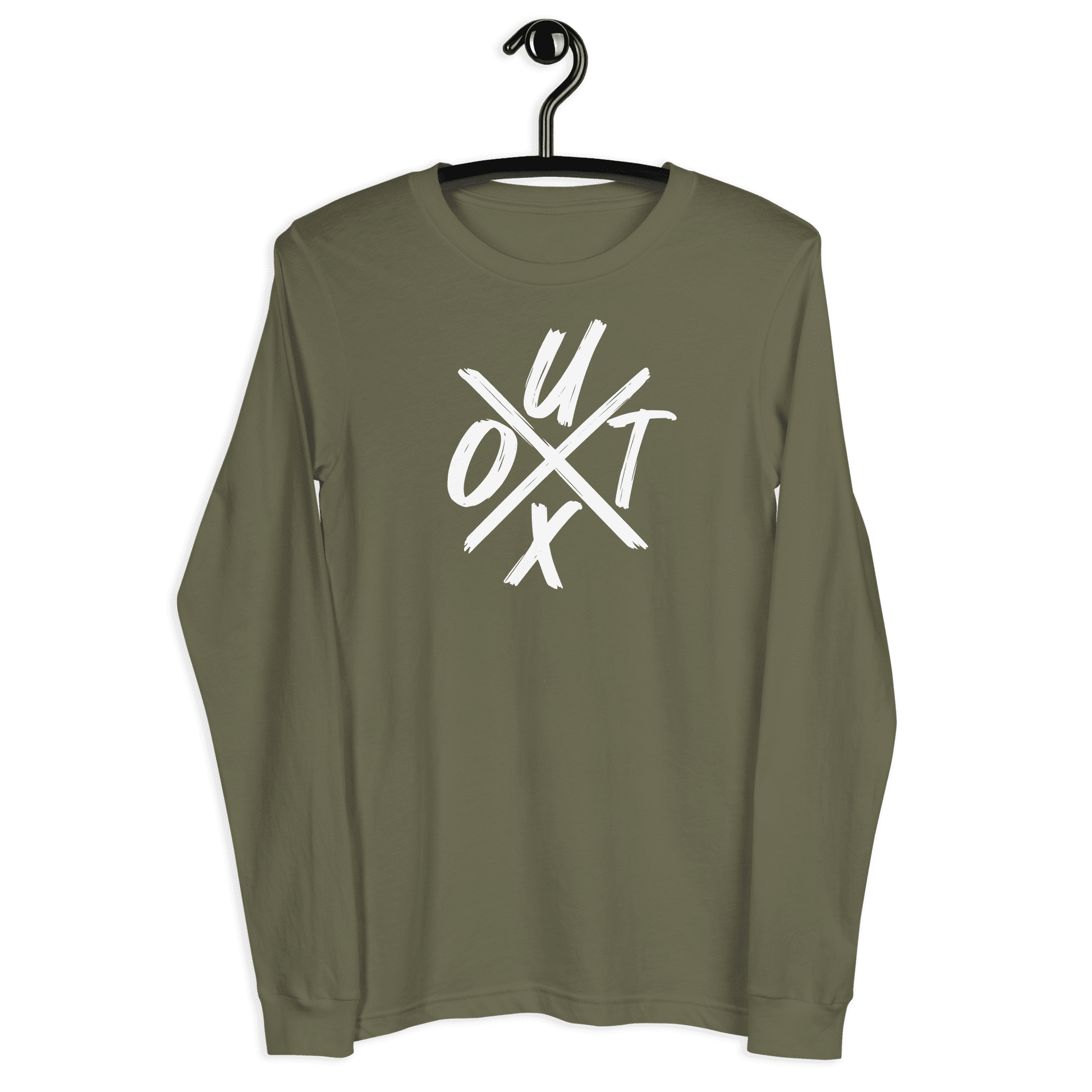 Front view of a military green colored bitcoin long sleeve tee.