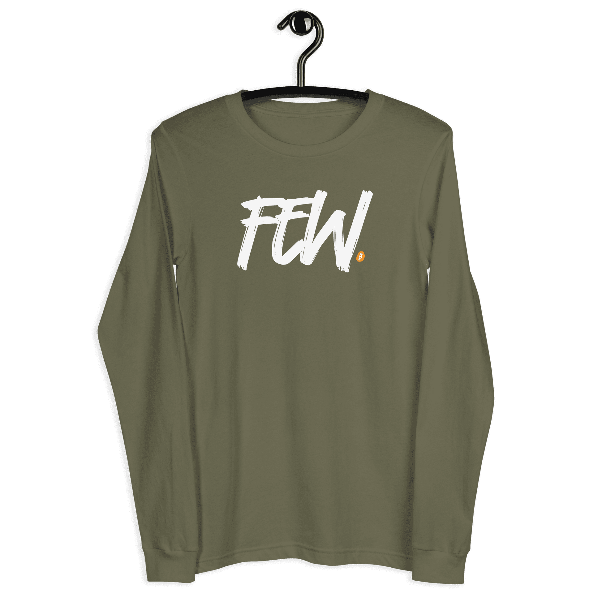 Front view of a military green colored bitcoin long sleeve tee.