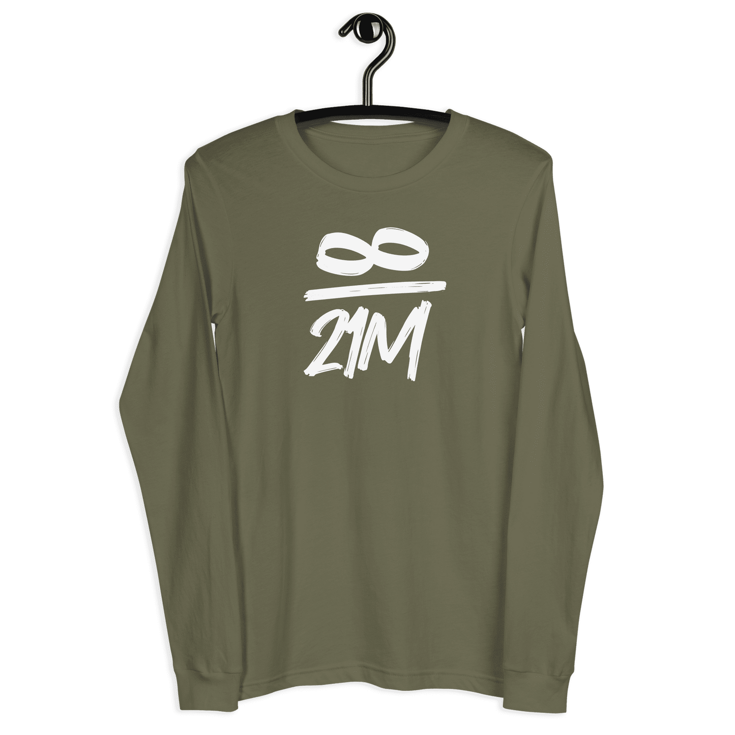 Front view of a military green colored bitcoin long sleeve tee.