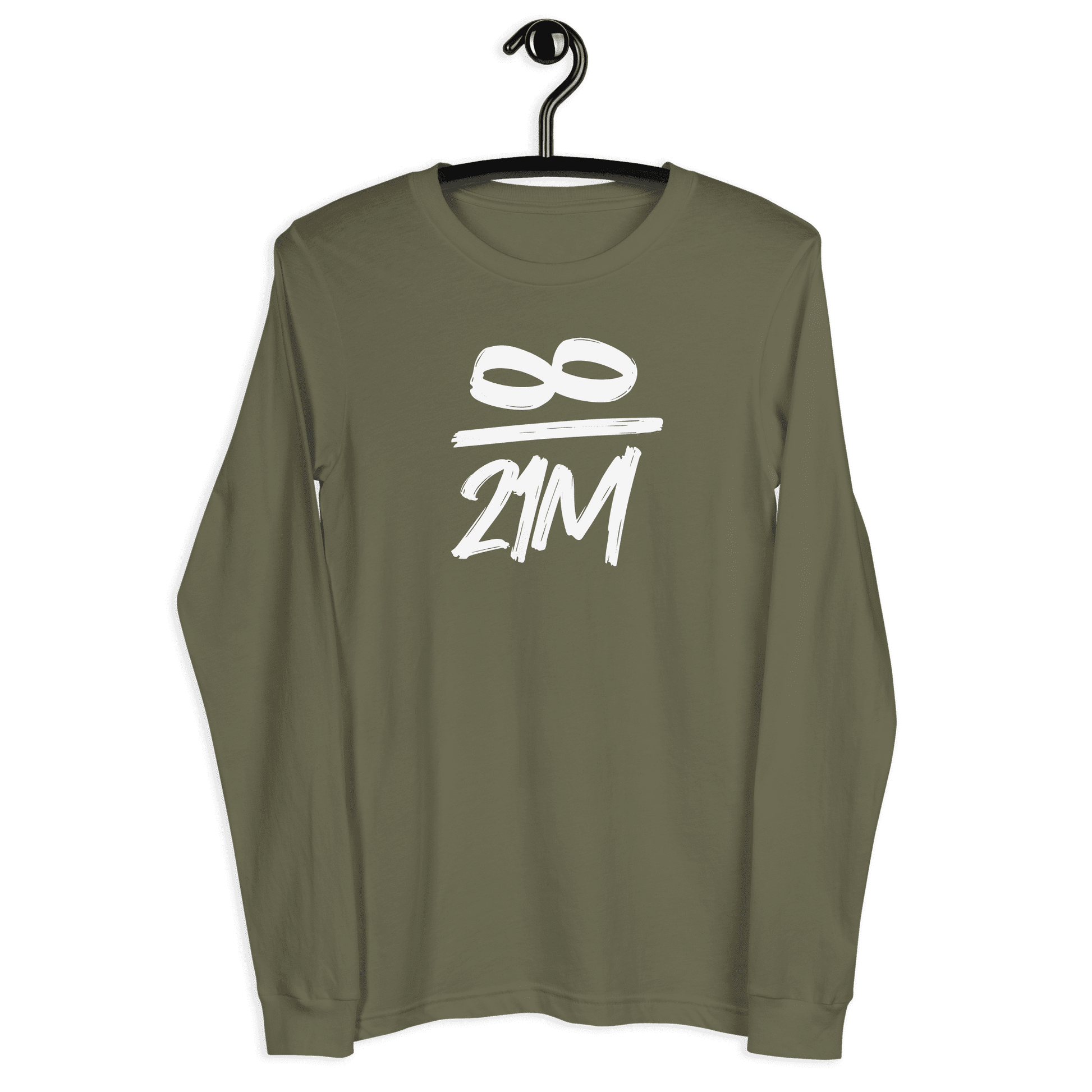 Front view of a military green colored bitcoin long sleeve tee.