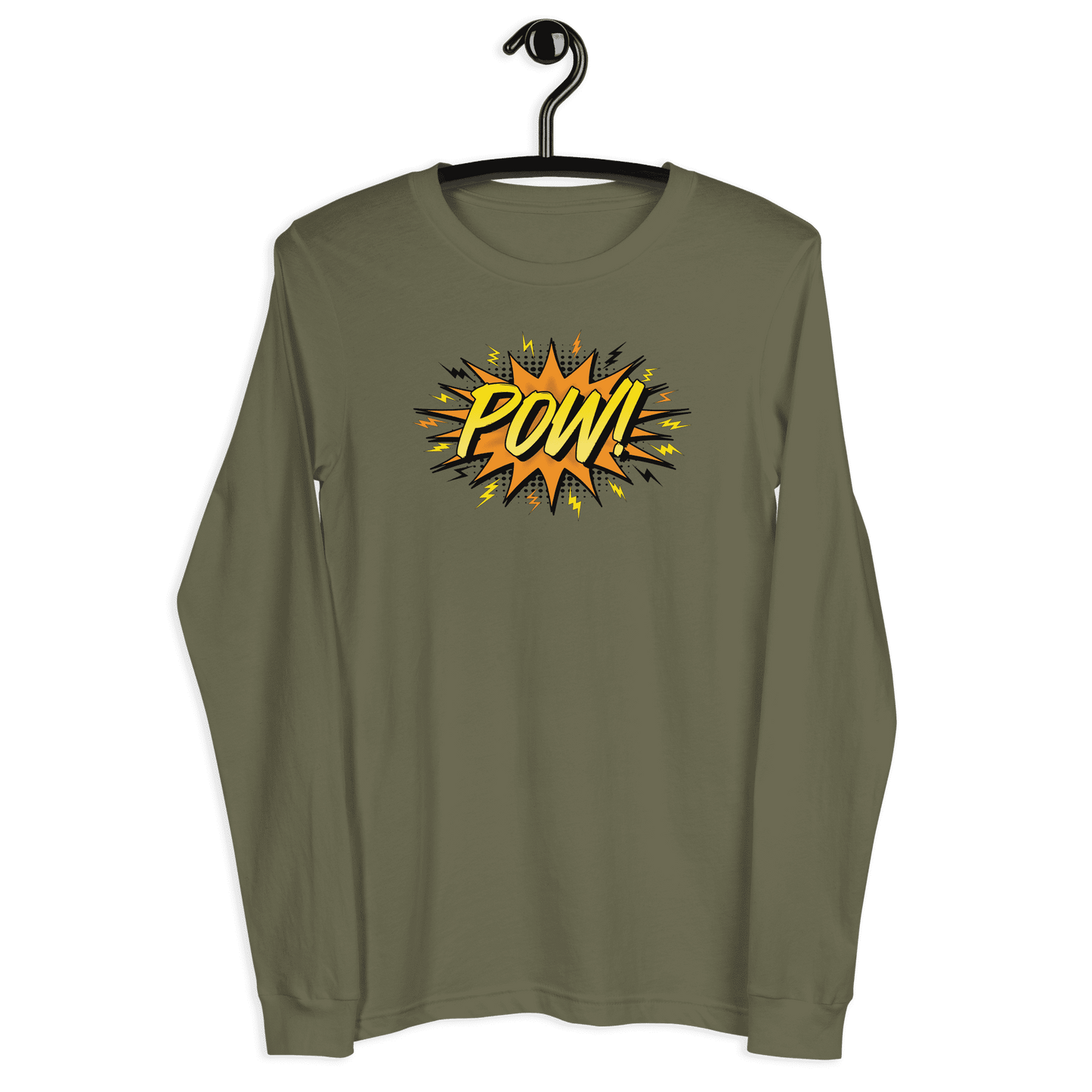 Front view of a military green colored bitcoin long sleeve tee.