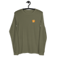 Front view of a military green colored bitcoin long sleeve tee.