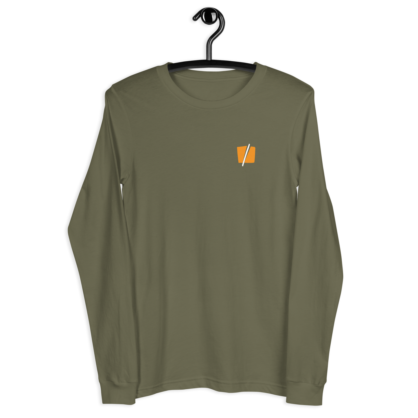 Front view of a military green colored bitcoin long sleeve tee.