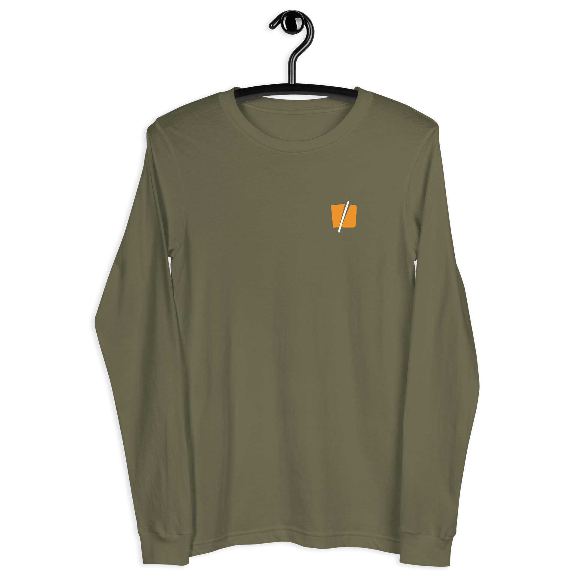 Front view of a military green colored bitcoin long sleeve tee.