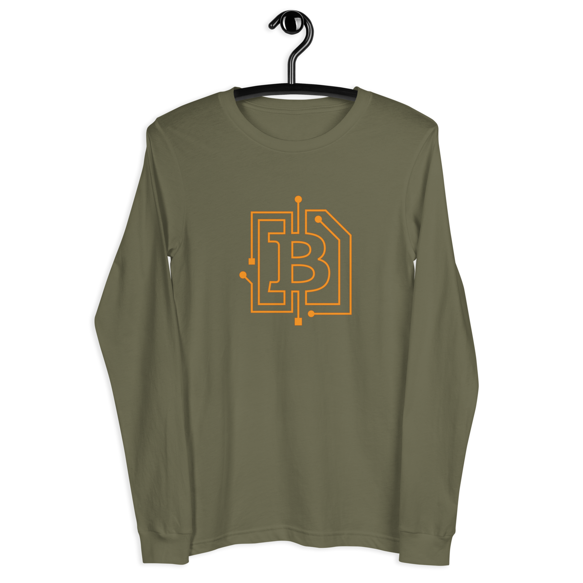 Front view of a military green bitcoin long sleeve tee.