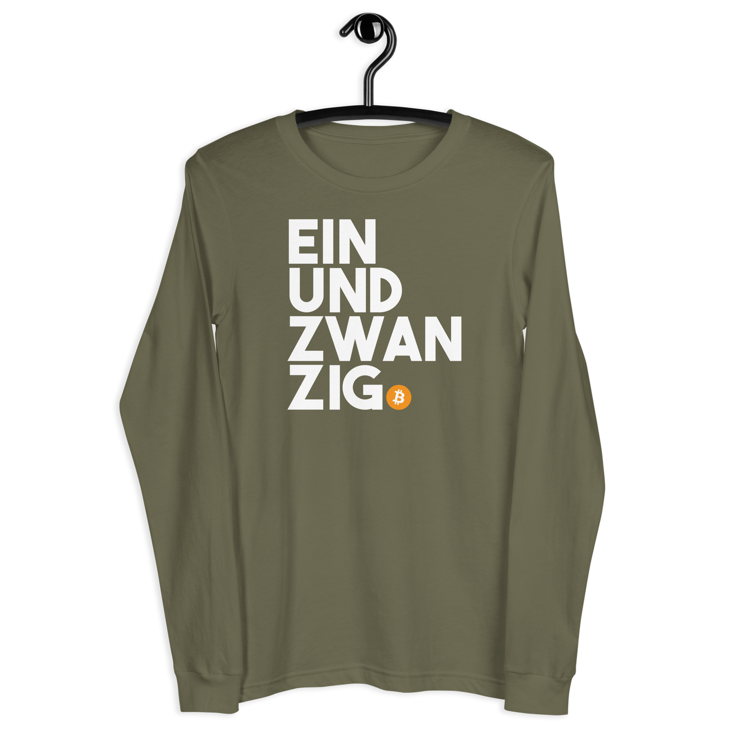 Front view of a military green colored bitcoin long sleeve tee.