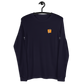 Front view of a navy colored bitcoin long sleeve tee.