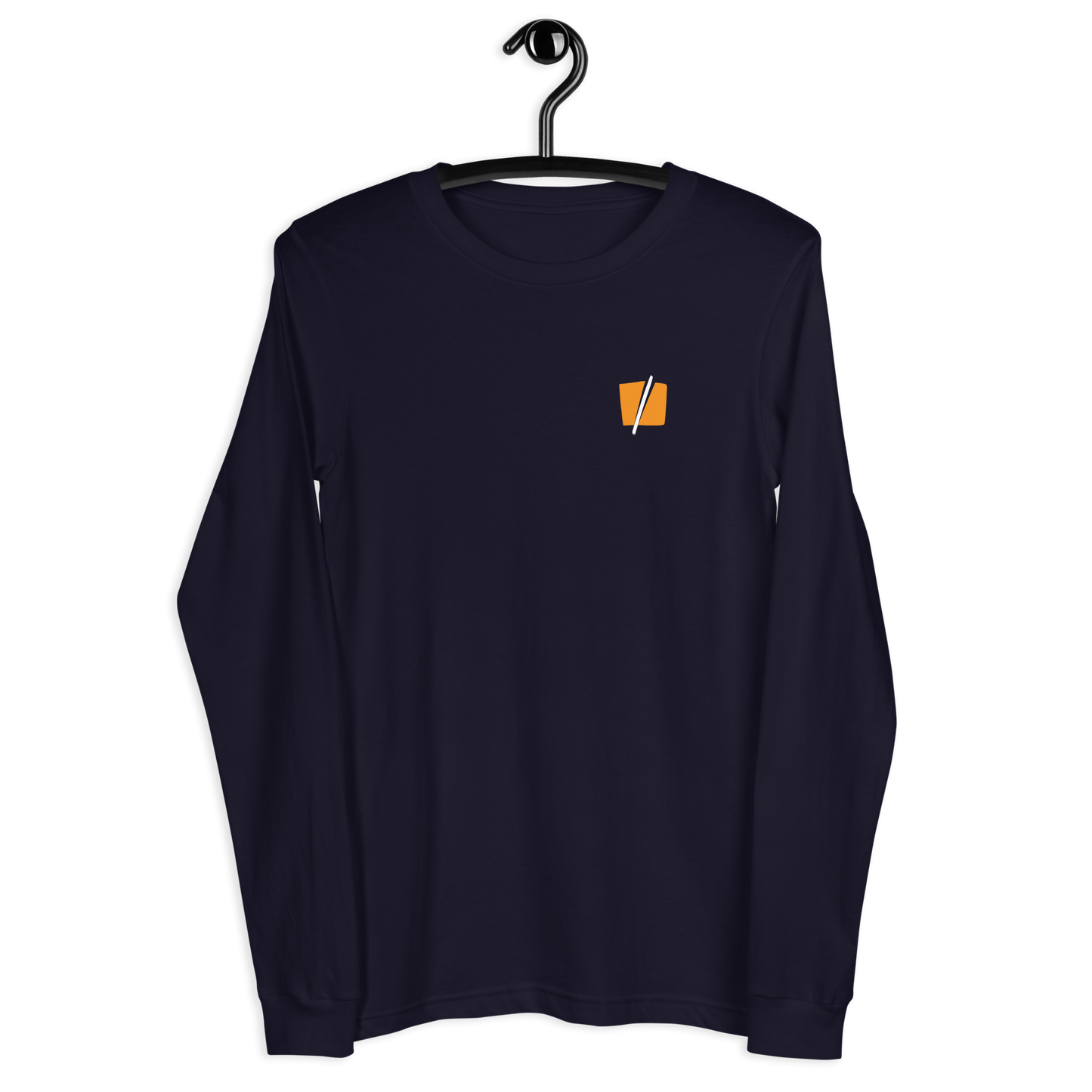 Front view of a navy colored bitcoin long sleeve tee.