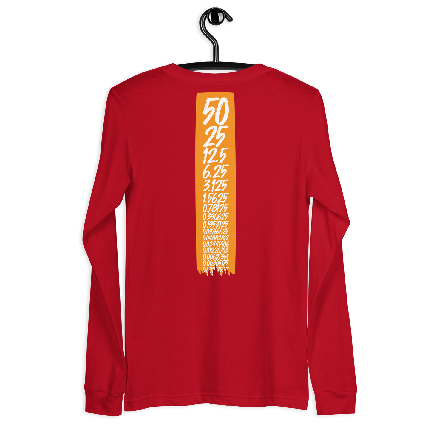 Back view of a red bitcoin long sleeve tee.