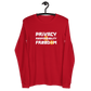 Front view of a red bitcoin long sleeve tee.