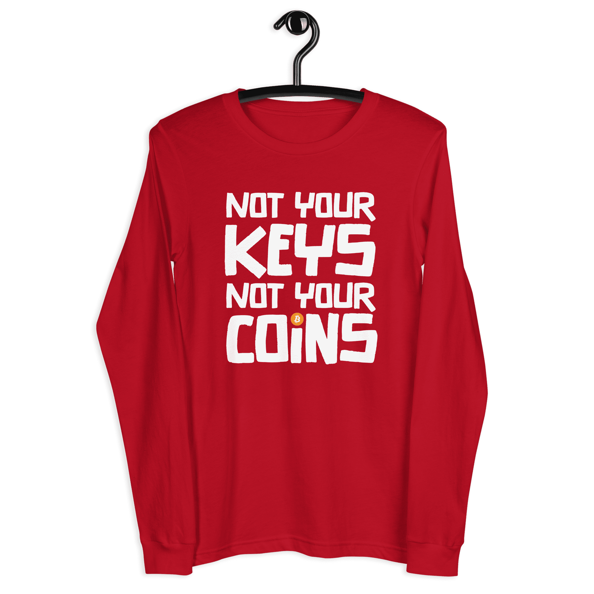 Front view of a red bitcoin long sleeve tee.
