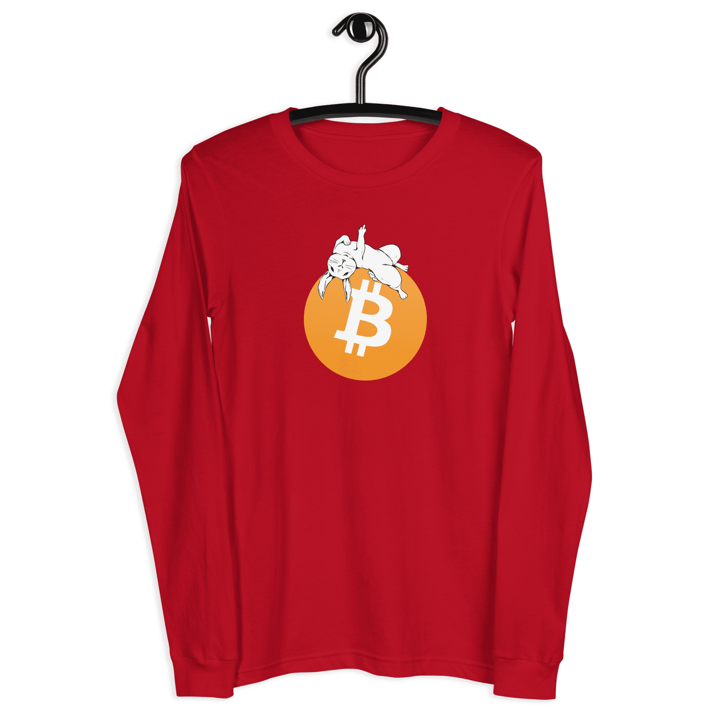 Front view of a red bitcoin long sleeve tee.