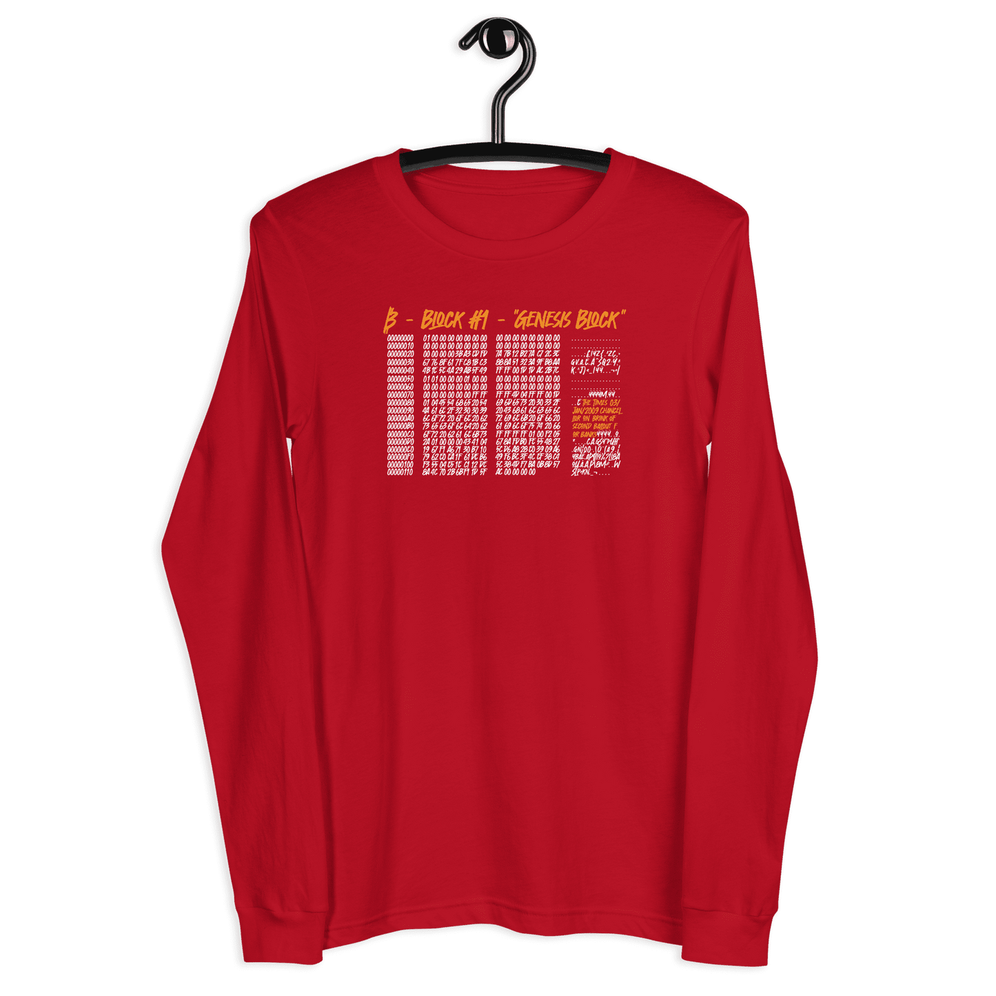 Front view of a red bitcoin long sleeve tee.