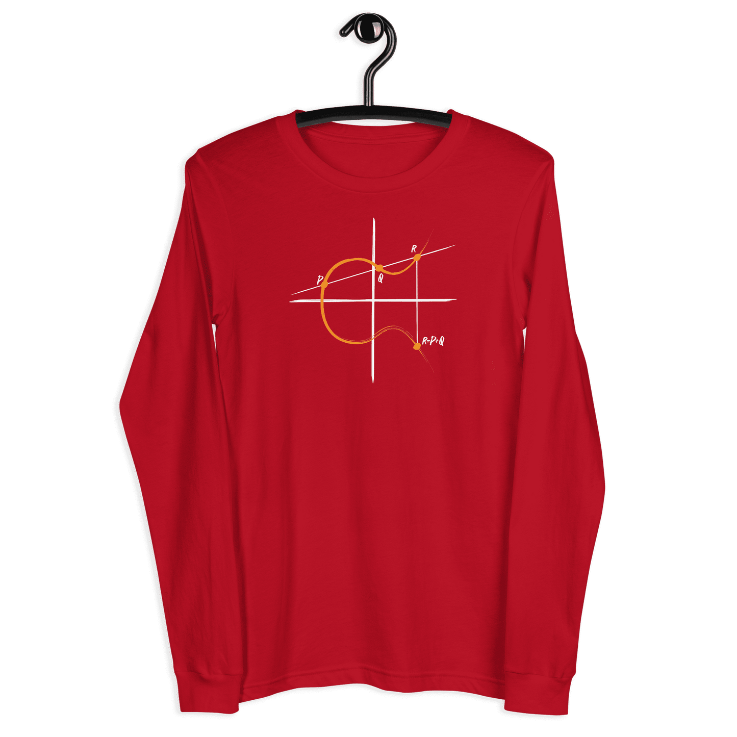 Front view of a red bitcoin long sleeve tee.