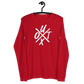 Front view of a red bitcoin long sleeve tee.