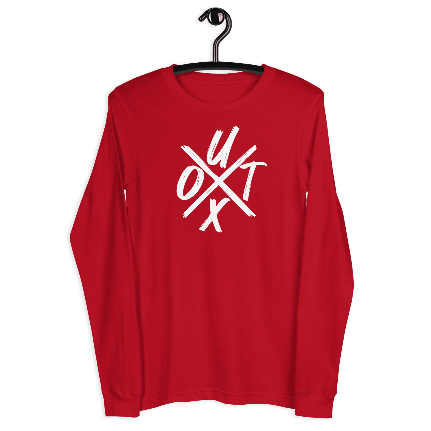 Front view of a red bitcoin long sleeve tee.