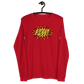 Front view of a red bitcoin long sleeve tee.