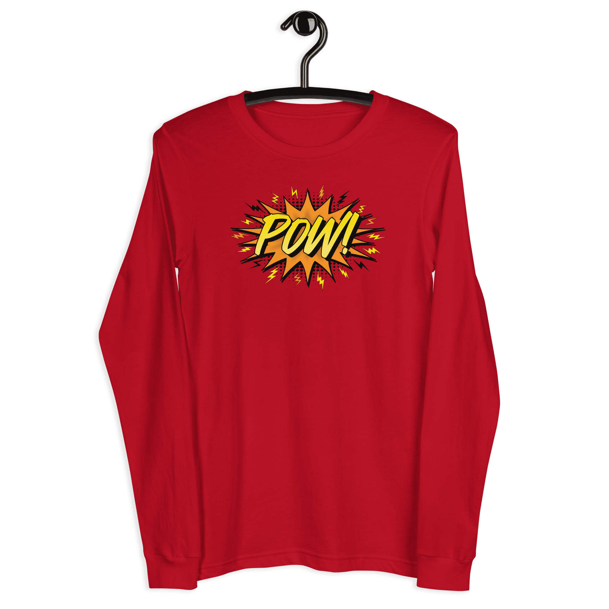 Front view of a red bitcoin long sleeve tee.