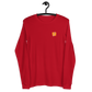 Front view of a red bitcoin long sleeve tee.