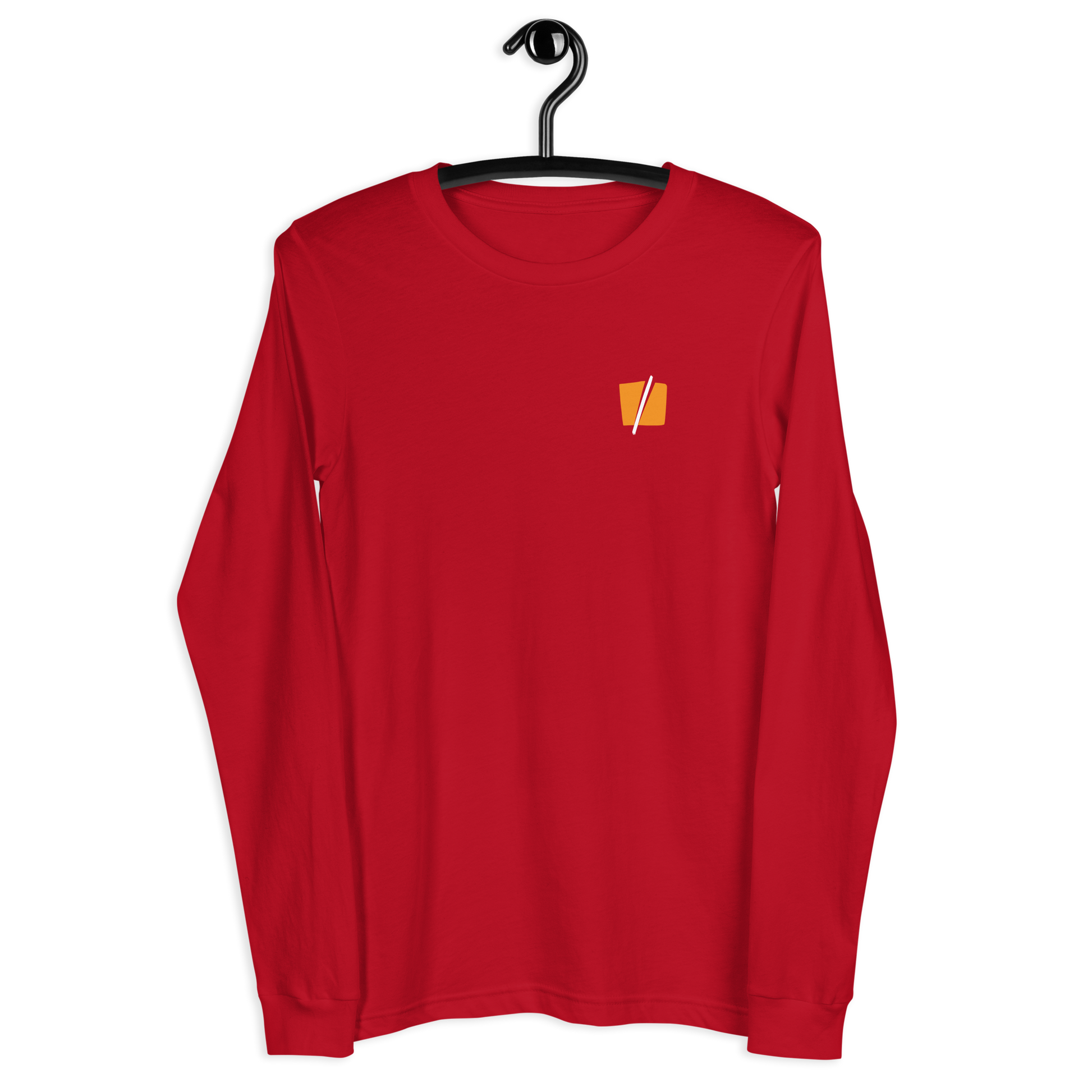 Front view of a red bitcoin long sleeve tee.