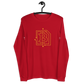 Front view of a red bitcoin long sleeve tee.