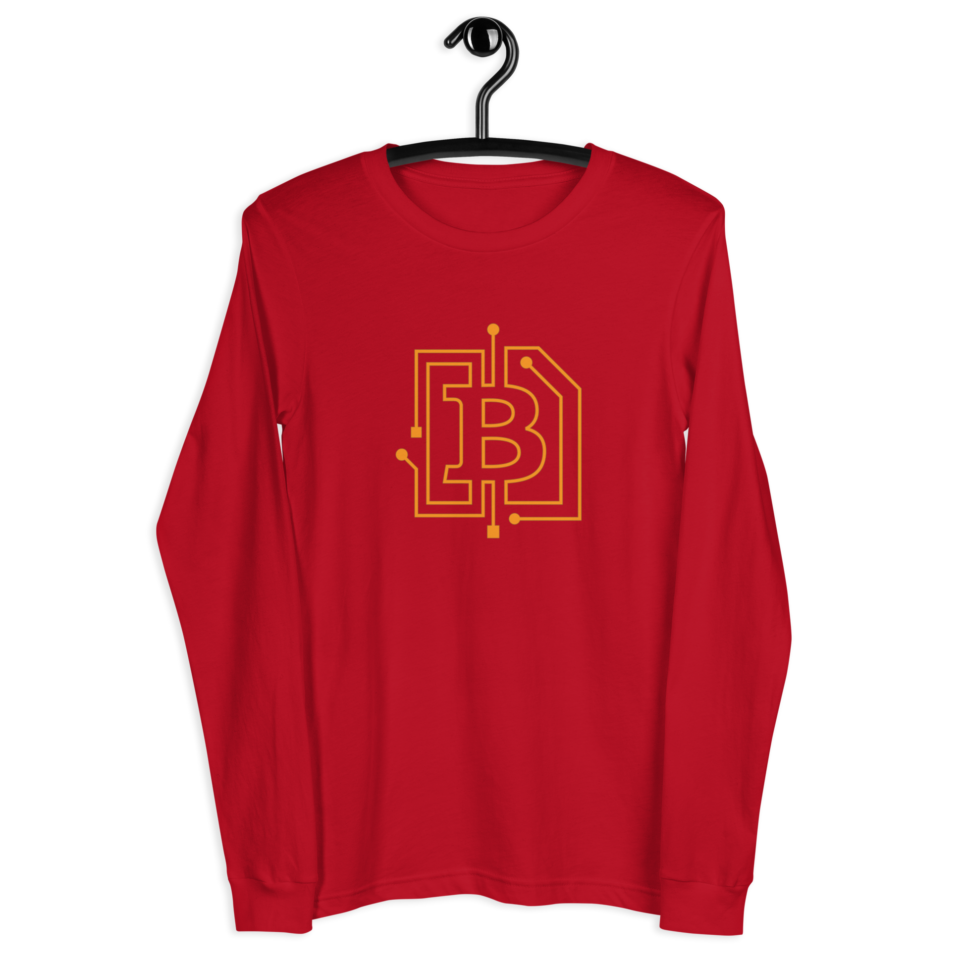 Front view of a red bitcoin long sleeve tee.