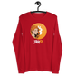 Front view of a red bitcoin long sleeve tee.