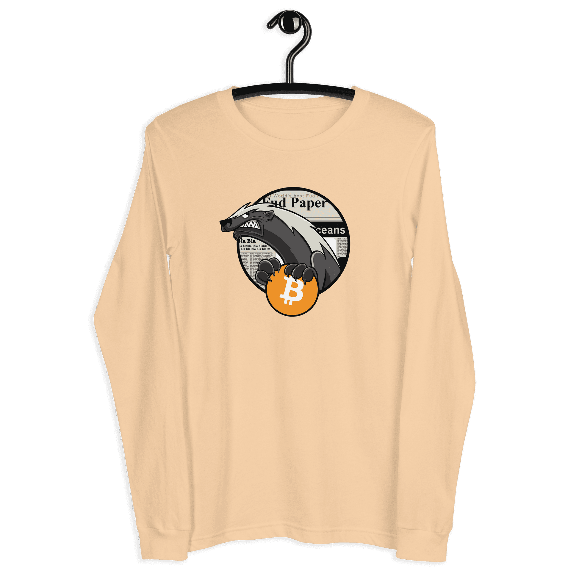 Front view of a sand dune colored bitcoin long sleeve tee.