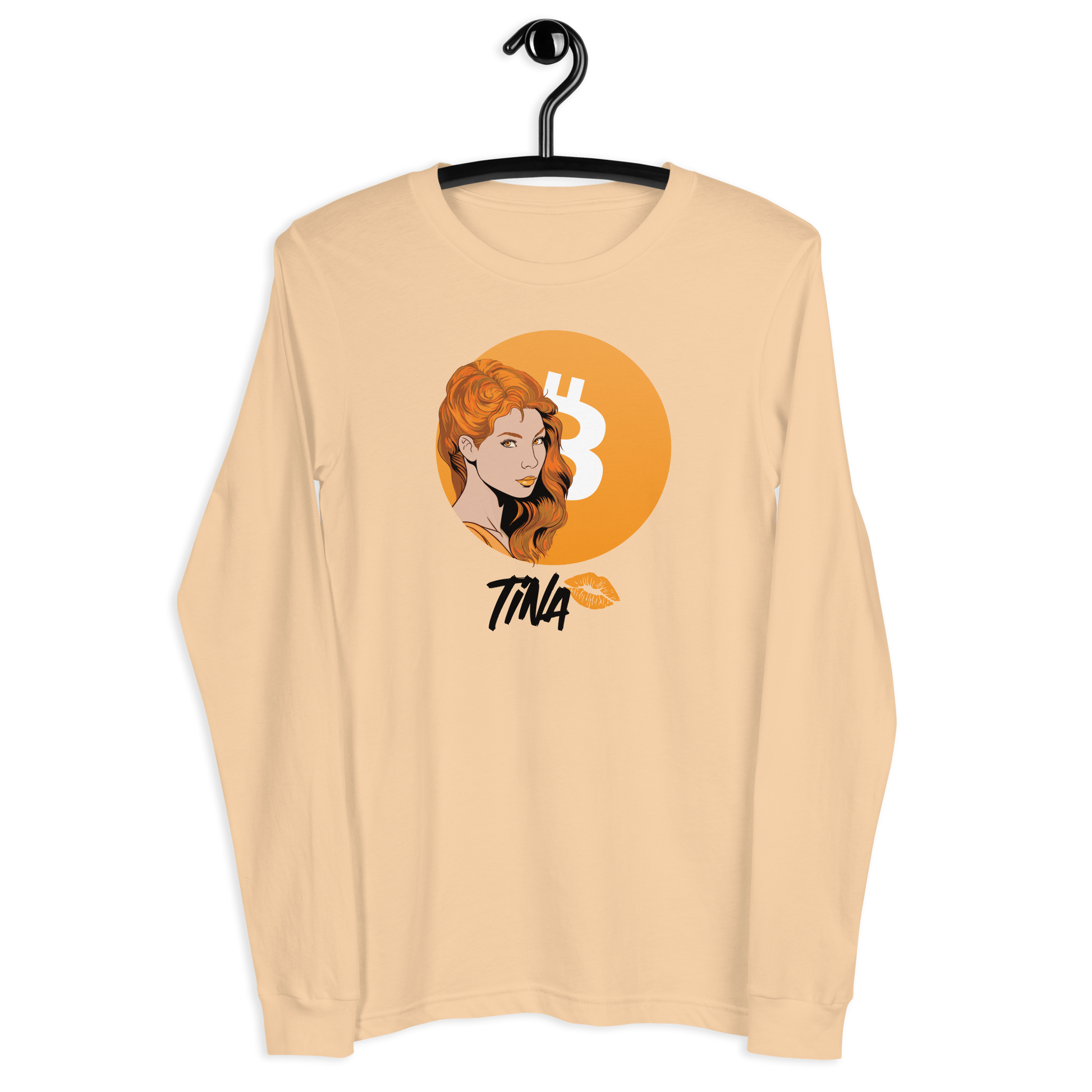 Front view of a sand dune colored bitcoin long sleeve tee.