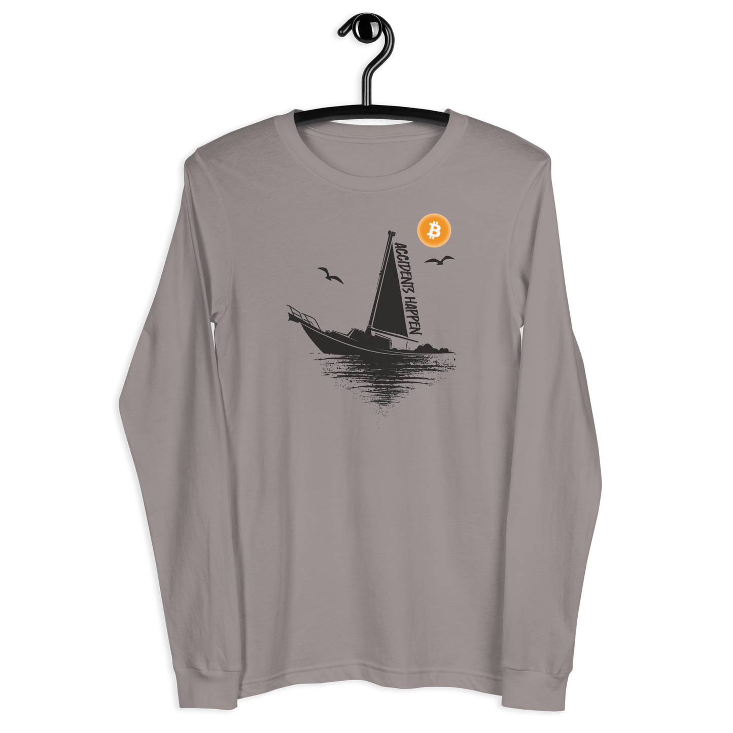 Front view of a storm colored bitcoin long sleeve tee.