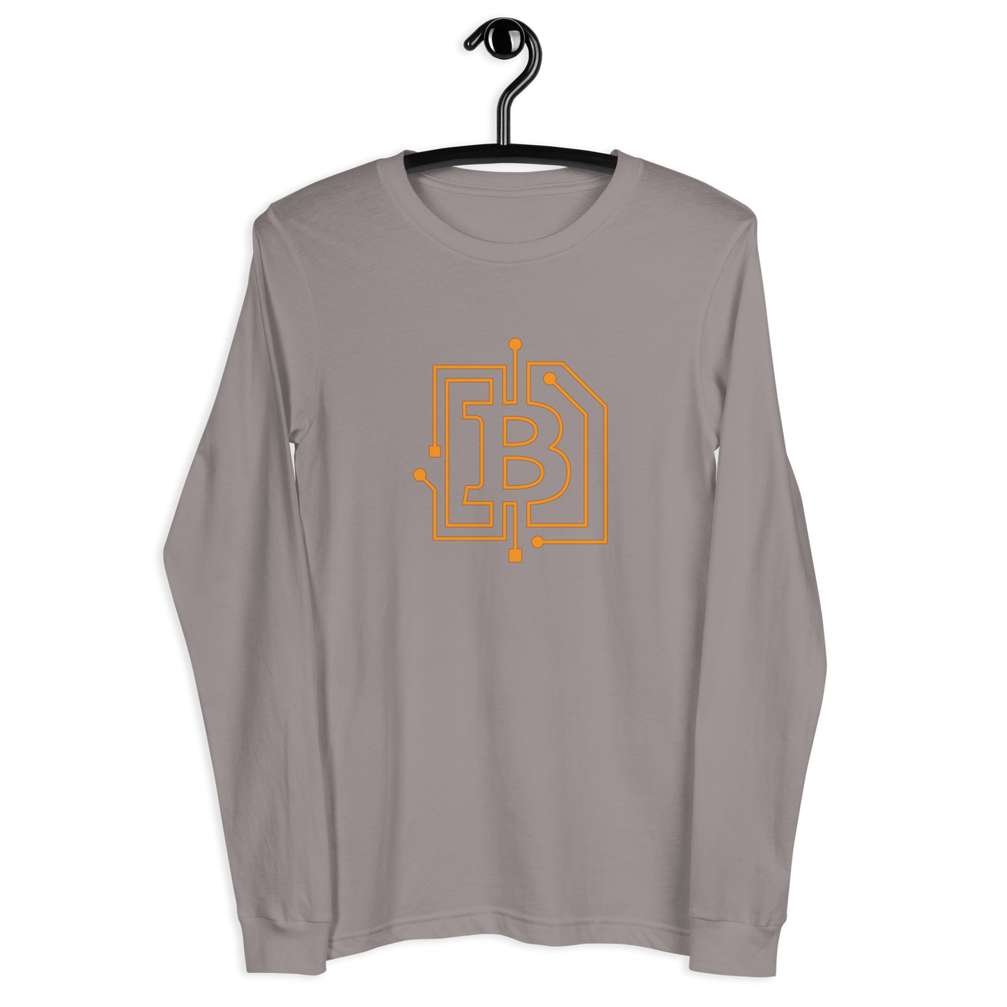 Front view of a storm colored bitcoin long sleeve tee.