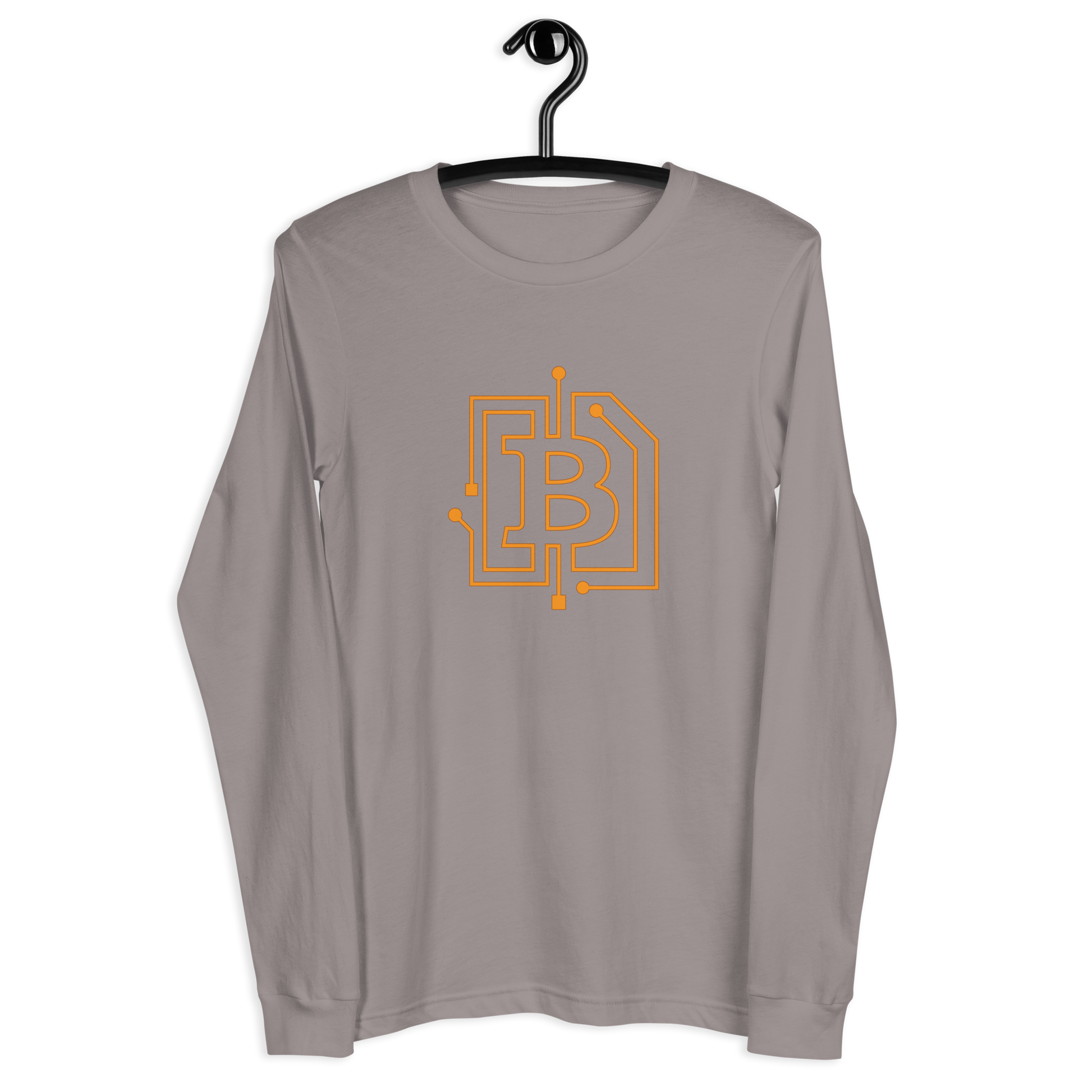 Front view of a storm colored bitcoin long sleeve tee.