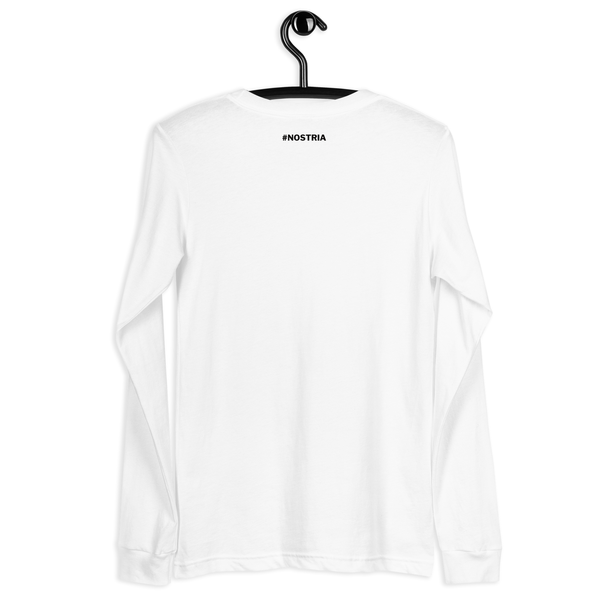 Back view of a white nostr DVM long sleeve shirt.