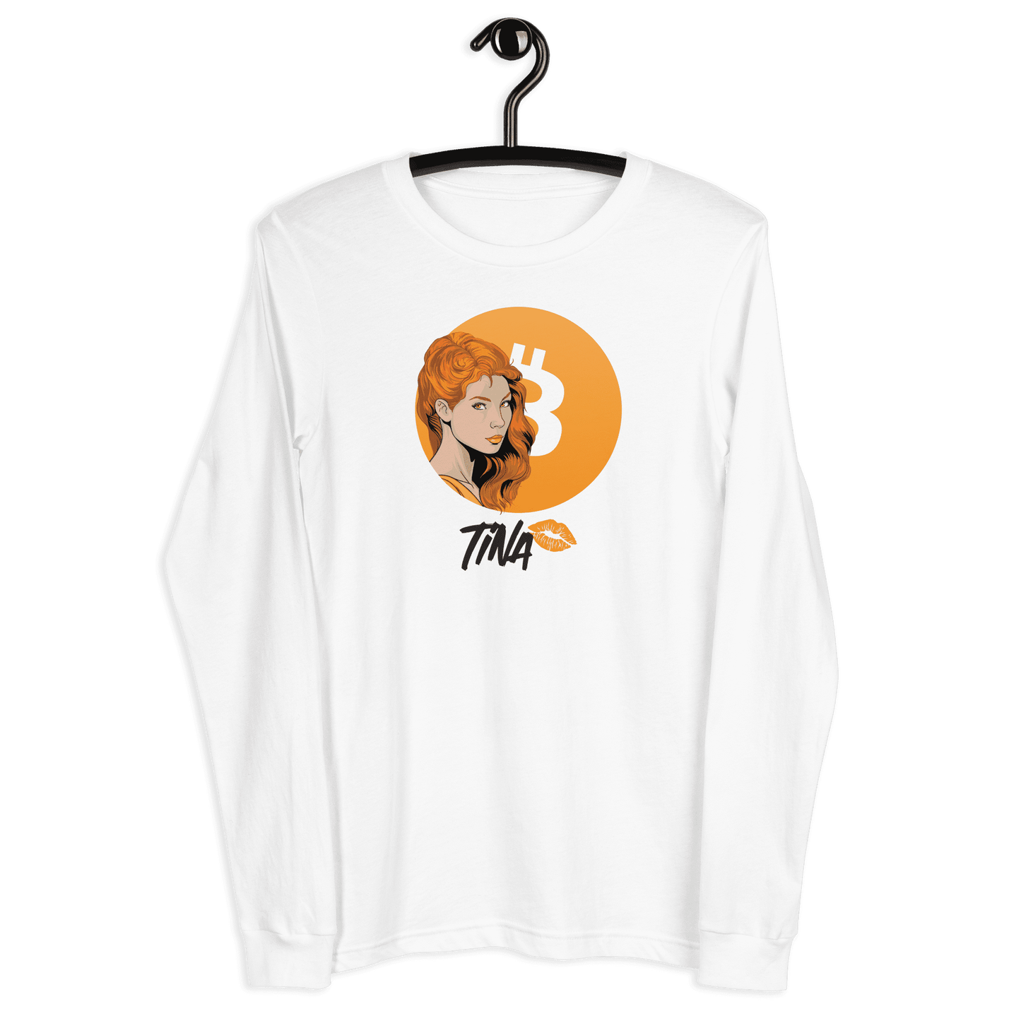 Front view of a white bitcoin long sleeve tee.