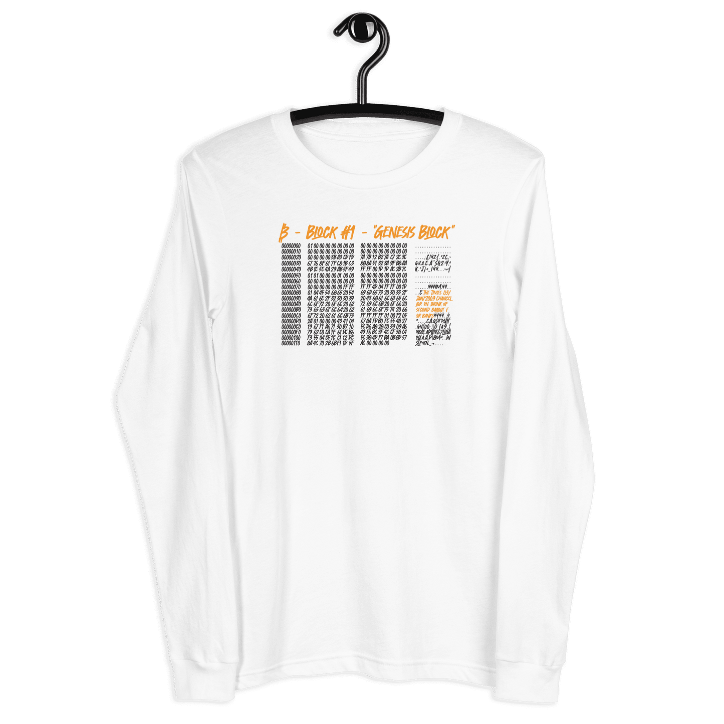 Front view of a white bitcoin long sleeve tee.