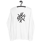 Front view of a white bitcoin long sleeve tee.