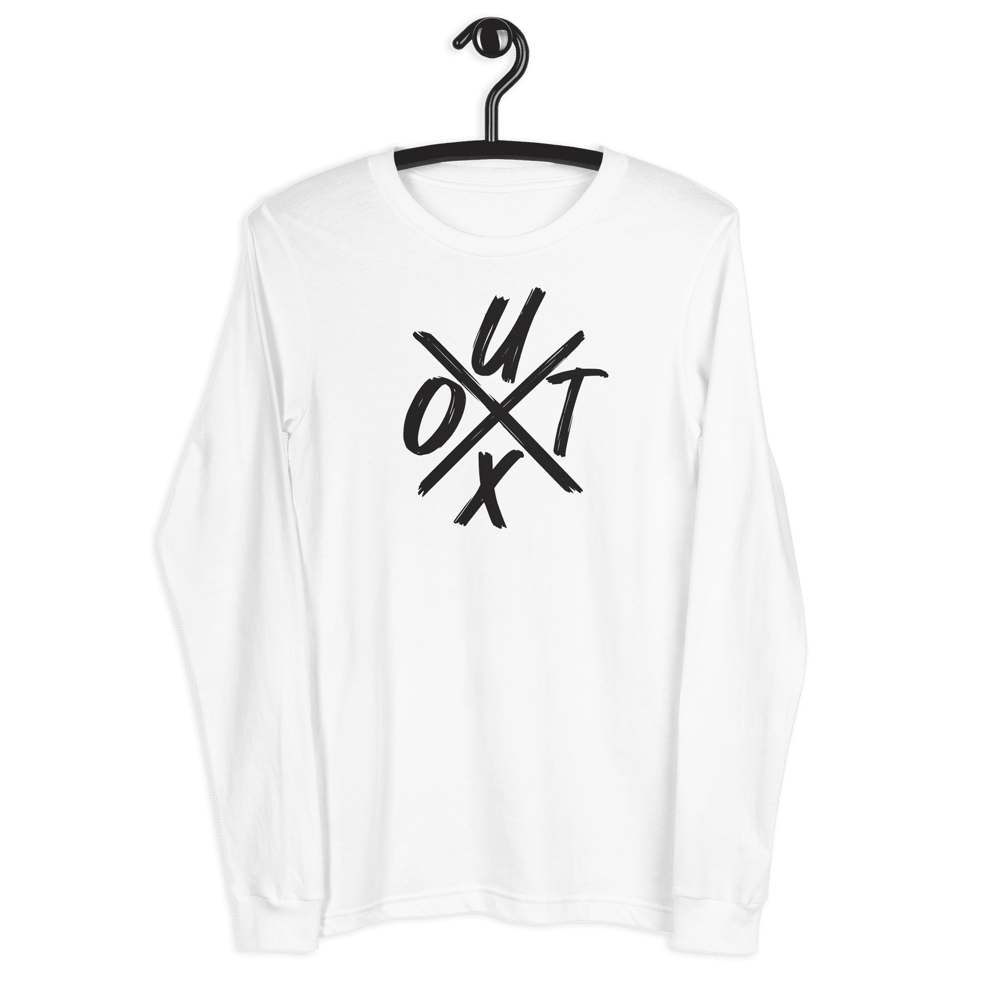 Front view of a white bitcoin long sleeve tee.