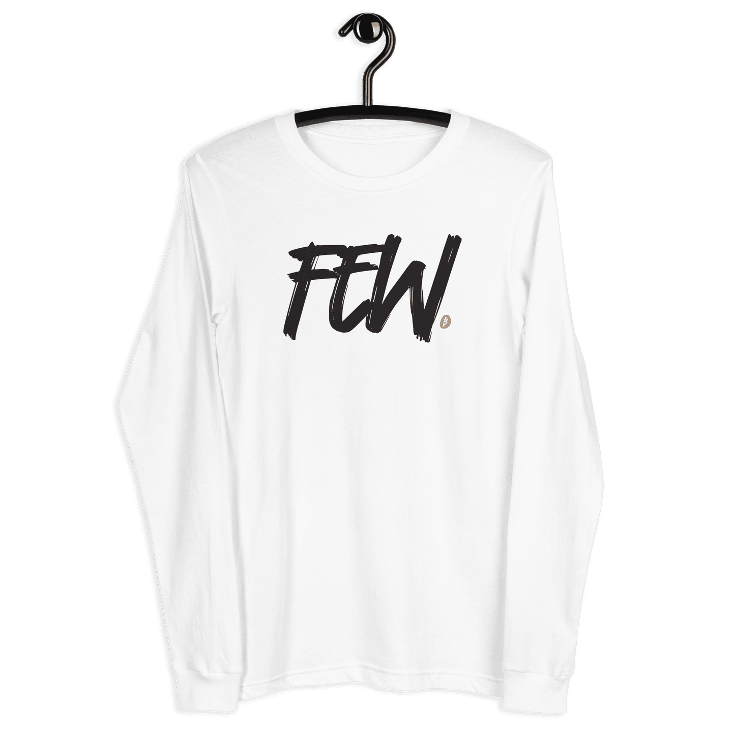 Front view of a white bitcoin long sleeve tee.