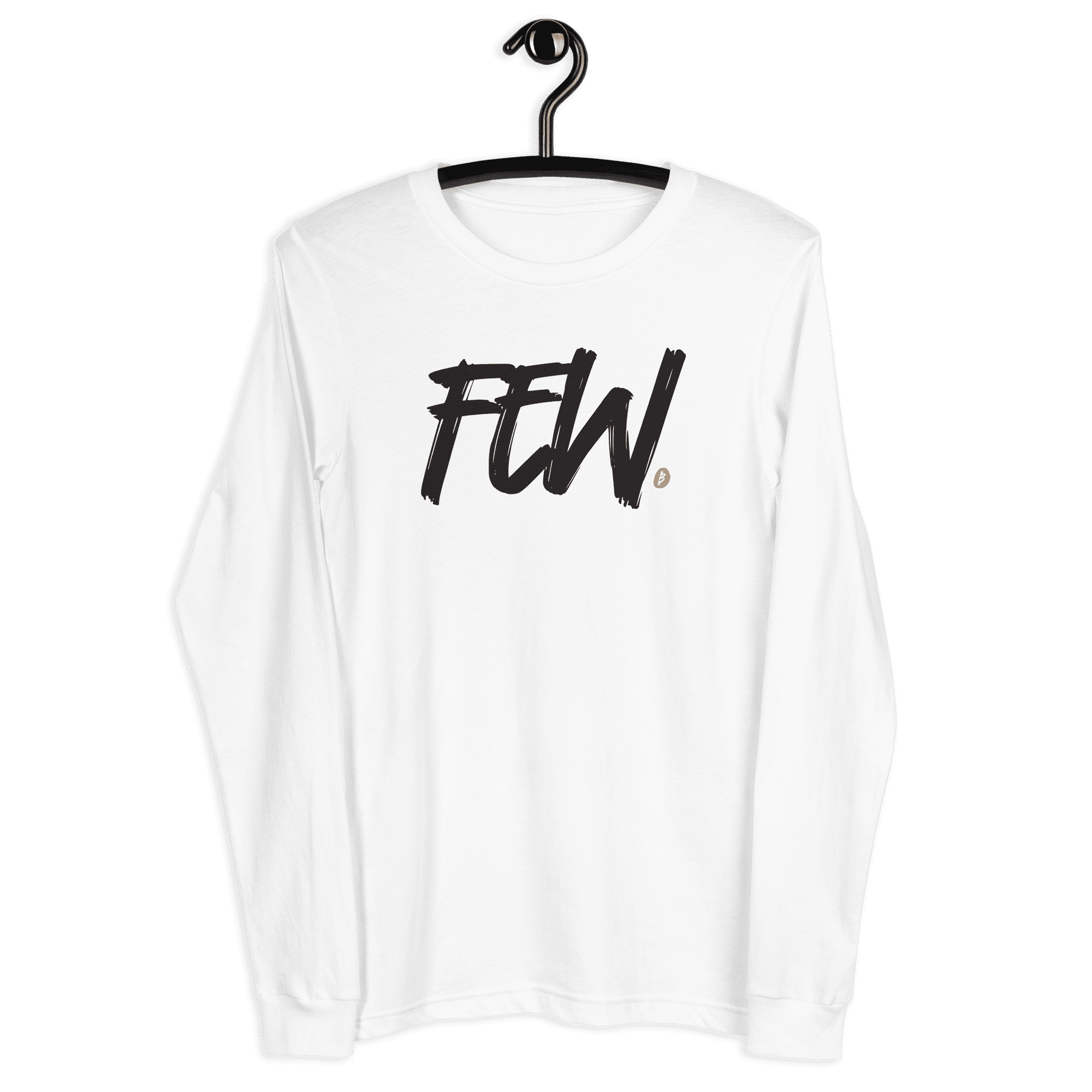 Front view of a white bitcoin long sleeve tee.