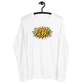 Front view of a white bitcoin long sleeve tee.