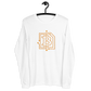 Front view of a white bitcoin long sleeve tee.