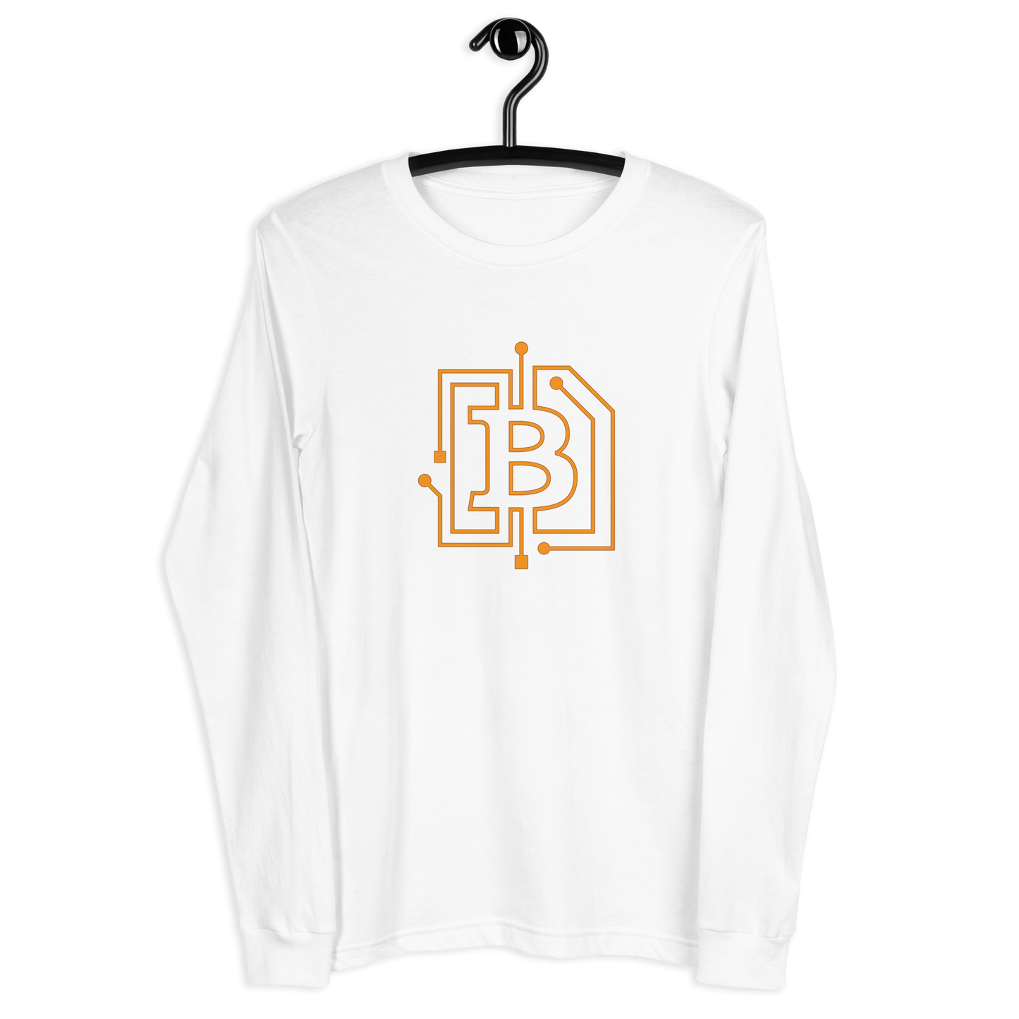 Front view of a white bitcoin long sleeve tee.