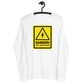 Front view of a white bitcoin long sleeve tee.