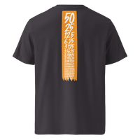 Bitcoin Halving organic cotton bitcoin t-shirt in Anthracite, back view: an orange banner listing the halving block rewards from 50 down to 0.00190735.