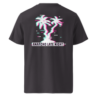 Betrüger anarcho late night organic cotton t-shirt in Anthracite, back view: neon glitch palm trees above a banner reading Anarcho Late Night.